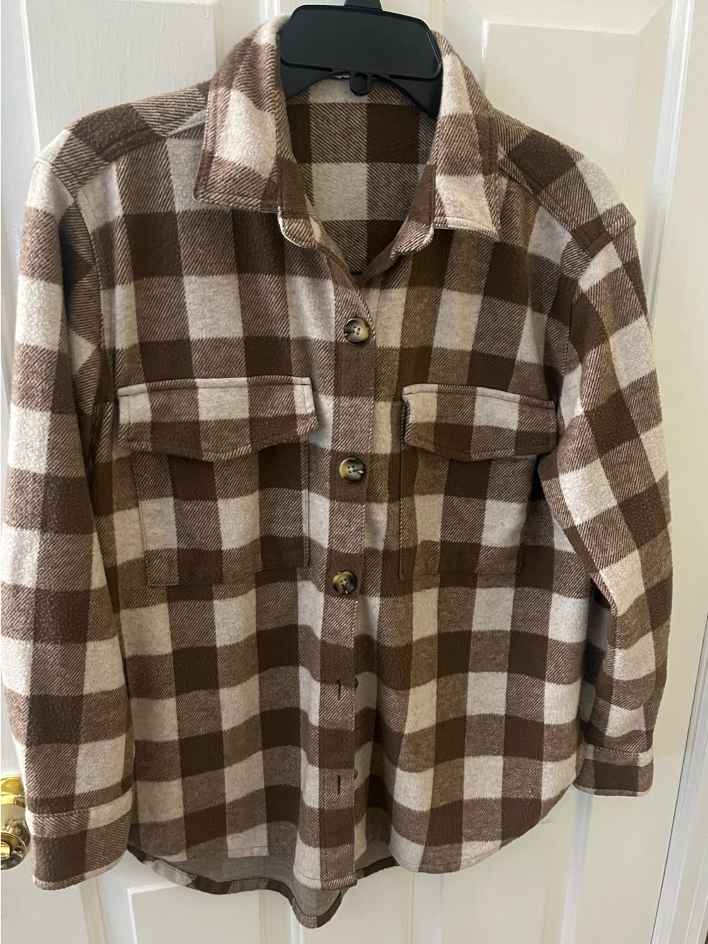 BeachLunchLounge Womens Brown & Cream Plaid Shacket Shirt medium